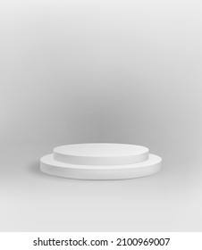 Mockup of white two-stage round podium. Vector illustration of pedestal isolated on white background.  Empty base for product presentation, present, award ceremony, first place trophy