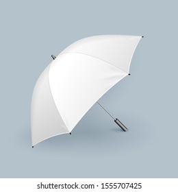 Mockup White Umbrella. Promotional Advertising Parasol. Mock Up, Template On Gray Background. Ready For Your Design. Product Advertising. Vector EPS10