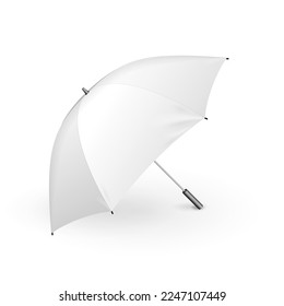 Mockup White Umbrella. Promotional Advertising Parasol. Mock Up, Template Isolated On White Background. Ready For Your Design. Product Advertising. Vector EPS10