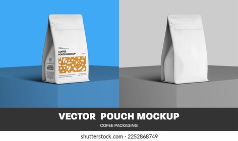 Mockup of white vector coffee pouch gusset zip pack, packaging for design, presentation on cube. Realistic illustration of a bag for espresso, beans, isolated on background.