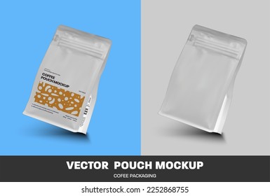 Mockup of white vector coffee pouch with side gusset zip, packaging isolated on wall background. Realistic illustration of bag with design, branding, advertising. For aroma, grains