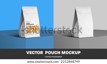 Mockup of white vector coffee pouch gusset zip pack, packaging for design, presentation on cube. Realistic illustration of a bag for espresso, beans, isolated on background.