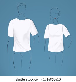 Mockup white women's and men's t-shirts in a realistic style. Silhouettes of human figures. Line art. Vector illustration.