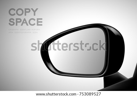 Mock-up wing mirror car view from inside illustration black color isolated on gradient background, with copy space