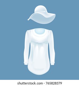 Mockup of women s t-shirt - tunic and beautiful lady's hat. Women's long sleeve. Clothes in white colors. Template fashion clothes mockup tshirt. Front view. Vector illustration.