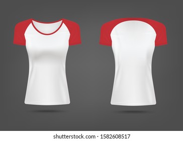 Mockup of women sport t-shirt from combined fabrics with red sleeves front and back view, realistic vector illustration isolated on background. Brand identity template.