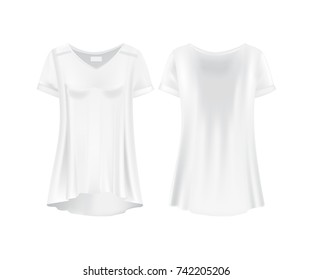 Mockup of women`s t-shirts - tunics. Women's short sleeve t-shirt. White variant of template. Clothes in light, white colors. Template fashion tshirt. Front and rear view. Vector illustration.