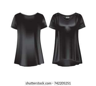 Mockup of women`s t-shirts - tunics. Women's short sleeve t-shirt. White variant of template. Clothes in In dark, black colors. Template fashion tshirt. Front and rear view. Vector illustration.