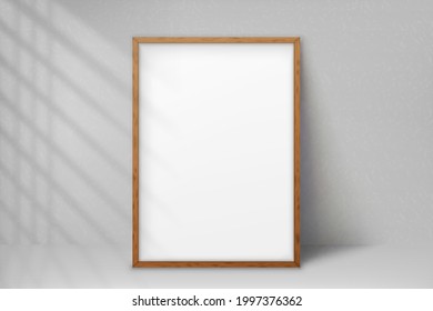 Mockup wood frame photo on wall. Mock up artwork picture framed. Vertical boarder with shadow. Empty board photoframe a4. Design border for blank poster, painting image, prints. Vector illustration