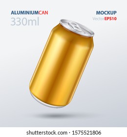 Mockup Yellow Metal Aluminum Beverage Drink Can 500ml, 0,5L. Beer, Soda, Lemonade, Juice, Energy. Mock Up Template Ready For Your Design. Isolated On White Background. Product Packing. Vector EPS10