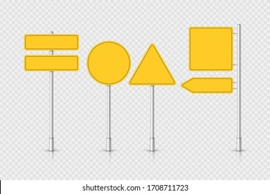 Mockup yellow traffic sign isolated on white background. Set of road signpost. Blank board with place for text. Vector illustration.