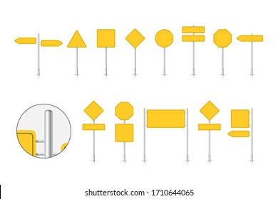 Mockup yellow traffic sign isolated on white background. Road signpost. Blank board with place for text. Vector illustration.