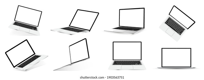 Mockups 3D open laptops. Great collection 3D realistic notebooks for online presentations. Laptops in different angles, positions with blank screen. Isometric, frontal, top view, perspective. Vector