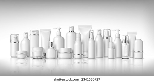 Mockups of beauty cosmetics products. White package containers. Realistic 3d vector blank plastic bottles, cream jars or tubes, deodorant, liquid soap, sprayer, pump packs stand on reflective surface