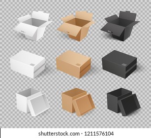 Mockups of cardboards, delivery packs in realistic design. Containers templates vector. Boxes and packages made of paper and carton on transparency