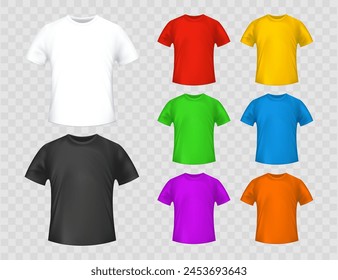 Mockups colección de camisetas blancas, negras y de colores. Aislado sobre fondo transparente. Vector Plantilla.