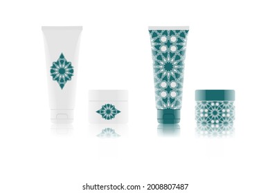 Mockups for cream tubes with islamic pattern isolated on white background for arabic cosmetic. Vector illustration.
