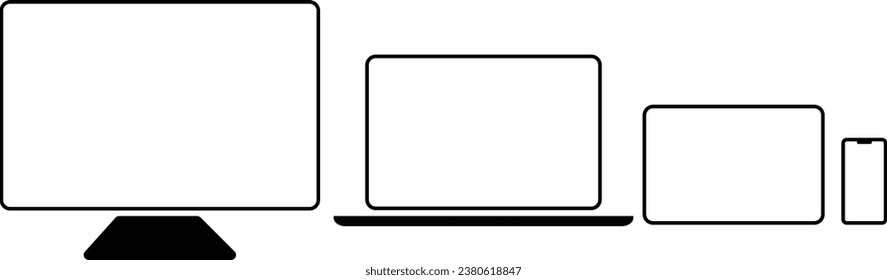 Mockups of devices on transparent background. Vector set of phone, tablet, laptop and computer. Empty screen mockup. Vector EPS 10