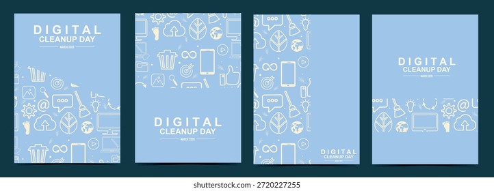 Mockups für Digital Cleanup Day März 2026 mit weißen Linien Icons Muster von Tech-Geräten, Mülleimer, Blätter und Öko-Symbole, ideal für digitale Nüchternheit Veranstaltung. Umweltfreundliche IT. Vektorgrafik