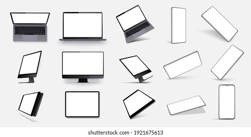 Mock-ups gadgets collection smartphone, tablet, laptop, notebook blank screen. Device UI, UX mockup for presentation template. Vector illustration mobile device at different angles