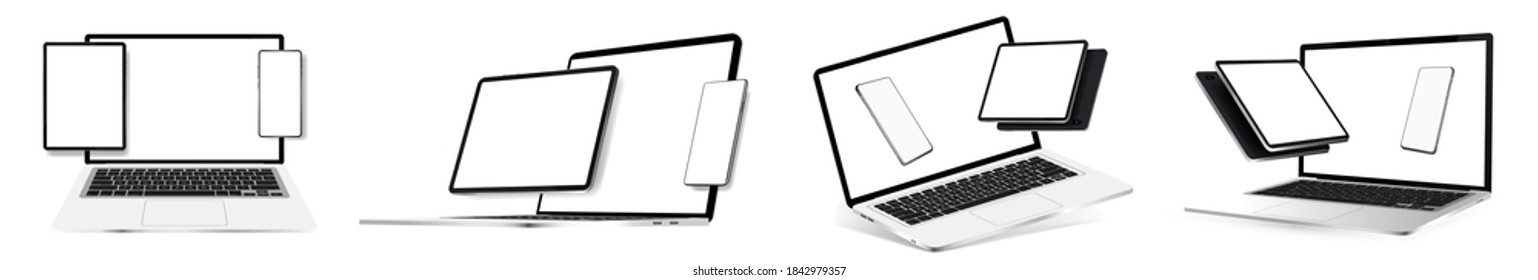 Composiciones de gadgets de burkups: smartphone, tablet, laptop y notebook con pantalla en blanco para su diseño. Mockups vectoriales realistas en 3D. Dispositivo de visión de perspectiva e isométrica y axonométrica. Conjunto de vectores