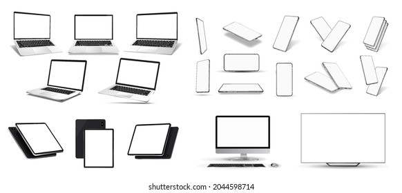 Mock-ups gadgets set - mobile phone, laptop, PC monoblock, TV, tablet with blank screen for presentation. Realistic Smartphone set and gadgets. Mockup for presentation UI, UX, WEB and other. Vector