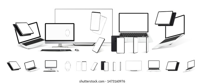 Mockups gadgets vector set. 3D realistic models technology device and electronics (tablet, tv, laptop,mobile cell phone, smartphones, pc monitor) Gadgets from different angles, perspective, isometric