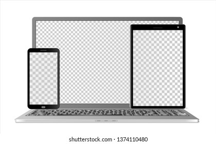 Mock-ups of the  laptop, tablet computer and smartphone with transparent screens in different layers, on a white background. Can be used as a template for your design. Vector illustration.