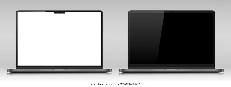 Mock-ups of laptops in a metal case with black and white screens. Models of realistic laptops on a gray background. Vector illustration.