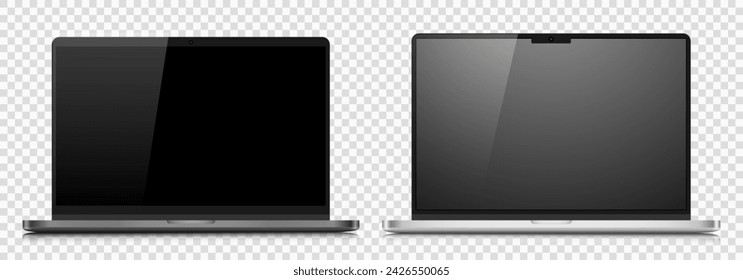 Mock-ups of laptops in a metal case with black and gray screens. Models of realistic laptops on a transparent background. Vector EPS 10.