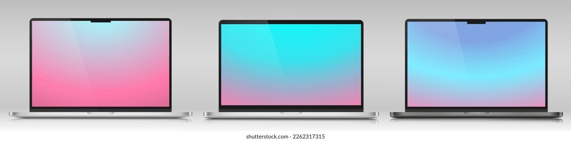 Modelle von Laptops in einem Metallgehäuse. Eine Reihe realistischer Notebooks mit Farbbildschirmen auf grauem Farbverlauf-Hintergrund. Vektorgrafik.