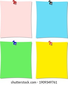mockups, multi-colored sheets of writing paper with a pin on a white background