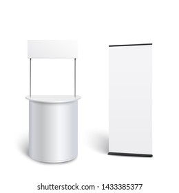 Mockups set of empty white promotion counter and roll up banner realistic style, vector illustration isolated on white background. Templates of blank retail trade stand and exhibition board