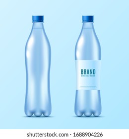 Mockups set of plastic water bottle with blank label front and back view, realistic vector illustration isolated on blue background. Pure water container template.