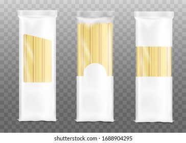 Mockups set of three pasta bags with white blank parts for brand identity and logo placement, realistic vector illustration isolated on transparent background.