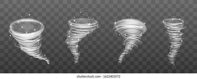 Mockups set of tornado or storm funnel realistic vector illustration isolated on dark transparent background. Swirling wind or hurricane streams elements.