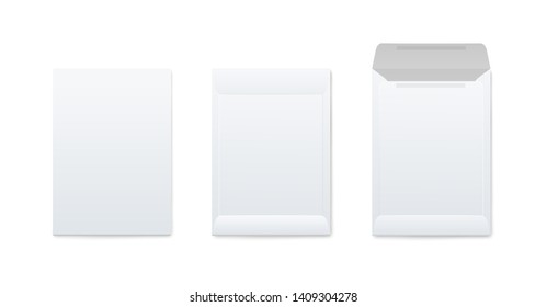 Mockups set of vertical blank open and closed white envelopes realistic style, vector illustration isolated on white background. Template of front and back side paper envelope for letter or documents