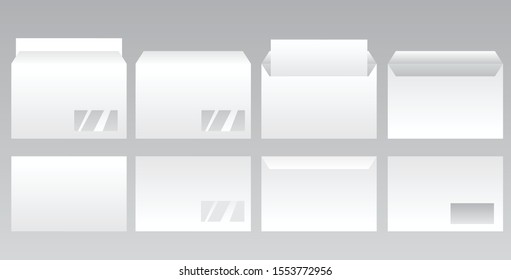 Mockups set of white blank envelopes. DL Envelopes mockup front and back view. DL blank stationery mockup, open closed front and back letter view, corporate business template. 