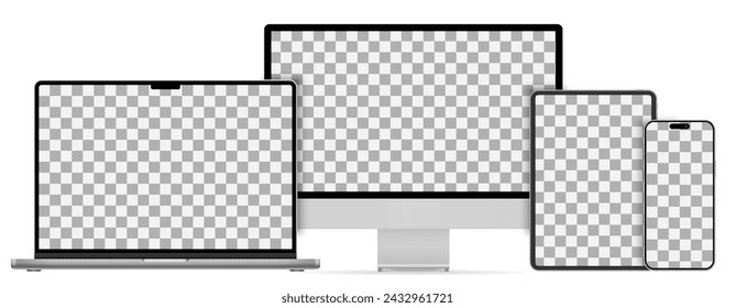 Mockups Technologie Geräte-Gruppe des Jahres 2024 mit transparenter Anzeige in Silberfarbe, Telefon-Tablet, Computermonitor, Laptop, Gerätebildschirm Mockup, leerer Bildschirm