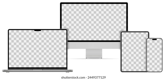 Mockups technology devices group of 2024 year with transparent display in silver color, device screen mockup, blank screen, phone tablet, computer monitor, laptop