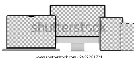 Mockups technology devices group of 2024 year with transparent display in silver color, phone tablet, computer monitor, laptop, device screen mockup, blank screen