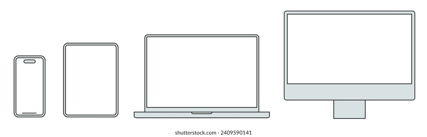 Symbole für die Mockups-Technologie, Bildschirm-Mockup-Zeichen, Leerbildschirm, Telefon, Tablet, Laptop, Computer-Monitor - Vektorgrafik