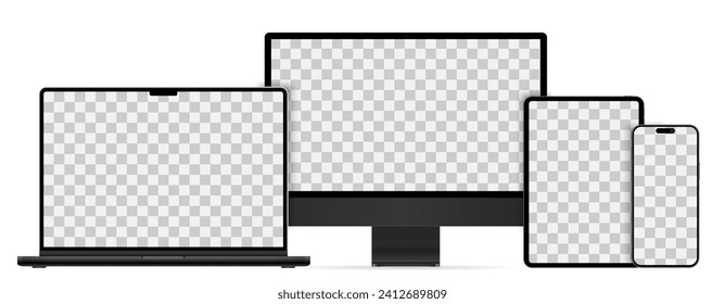 Mockups technology devices set of 2023-2024 years with transparent display in black color, device screen mockup, blank screen, phone tablet, computer monitor, laptop