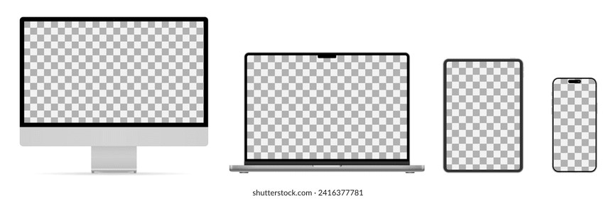 Mockups-Technologie-Geräte Set von 2024 Jahren mit transparentem Display in Silber, Handy-Tablette, Computer-Monitor, Laptop, Bildschirm-up, Blankobildschirm