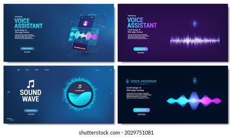 Mockups web page on the topic - Voice Assistant Landing Pages for Mobile app, Web site, smart speaker. Voice assistant concept. Microphone voice control technology. Voice and  Sound recognition.