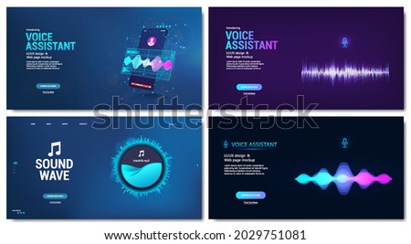 Mockups web page on the topic - Voice Assistant Landing Pages for Mobile app, Web site, smart speaker. Voice assistant concept. Microphone voice control technology. Voice and  Sound recognition.