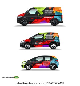 Mocup set with advertisement on Black Car, Cargo Van, and delivery Van. Vector Graphics template Mock Up.