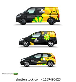 Mocup set with advertisement on Black Car, Cargo Van, and delivery Van. Vector Graphics template Mock Up.