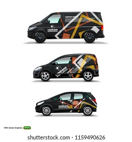 Mocup Set With Advertisement On Black Car, Cargo Van, And Delivery Van. Vector Graphics Template Mock Up.