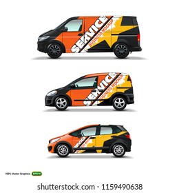 Mocup set with advertisement on Black Car, Cargo Van, and delivery Van. Vector Graphics template Mock Up.